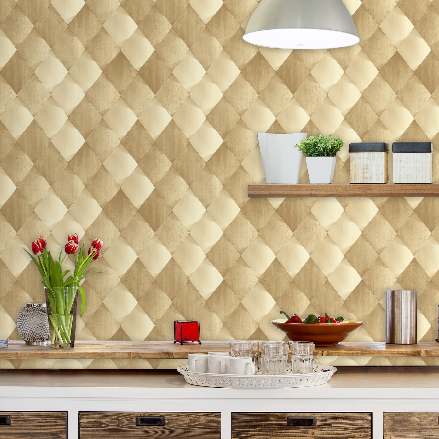 ANKA | Satinated wood tiles 3D pattern wallpaper