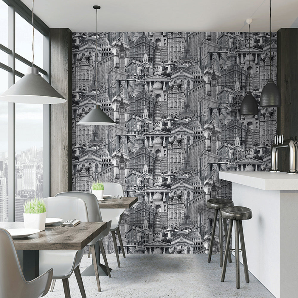 INDIGO | City architecture motif stylized wallpaper