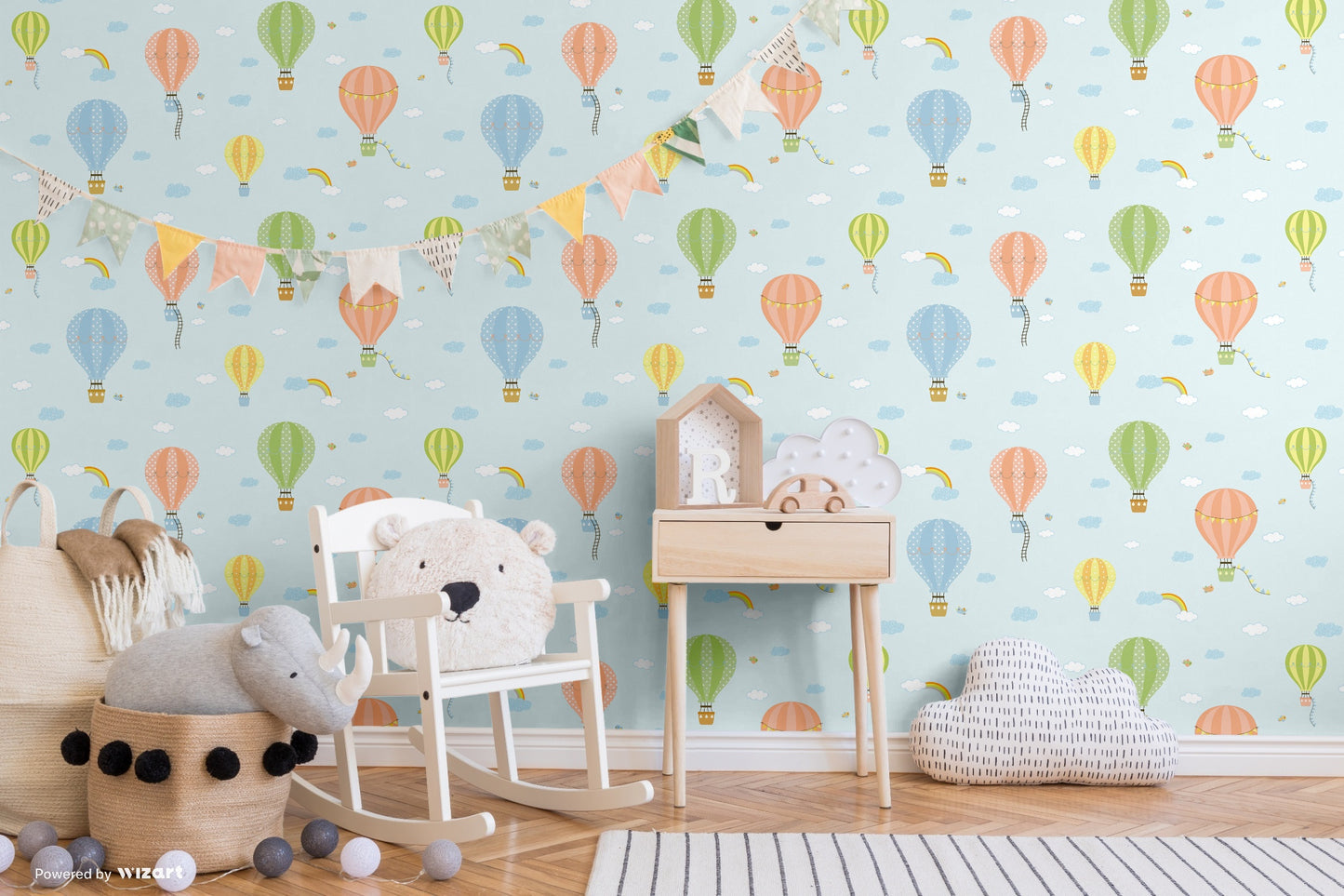 KIDS | Flying balloons in the sky with clouds and rainbows wallpaper for kids room