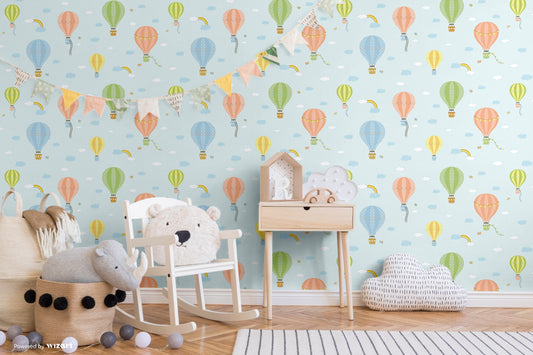 KIDS | Flying balloons in the sky with clouds and rainbows wallpaper for kids room