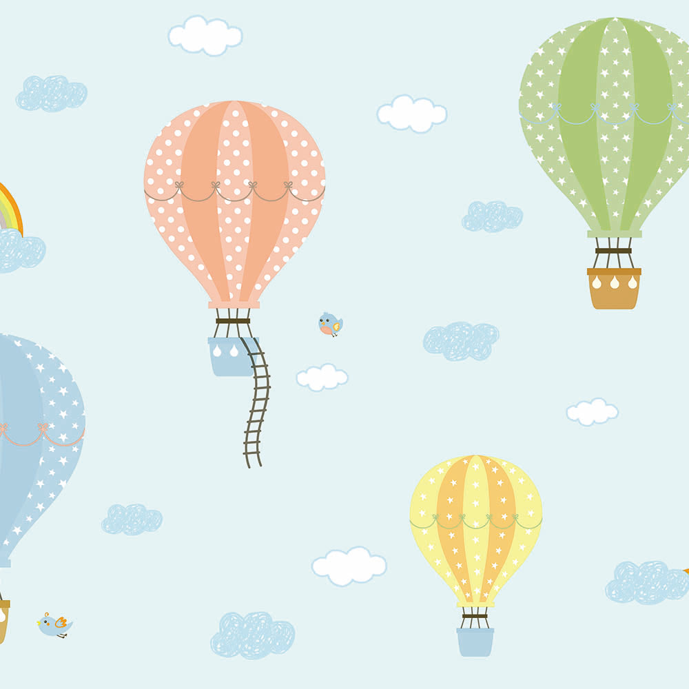 KIDS | Flying balloons in the sky with clouds and rainbows wallpaper for kids room